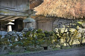 Hórreo y palloza en Piornedo, Donís, Cervantes, Ancares, Lugo, Galicia, España.