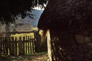Palloza de piedra granitica local y teito o tejado de paja de centeno en el poblado congelado en el tiempo de Piornedo, Donís, Cervantes, Los Ancares, Lugo, Galicia, España.
