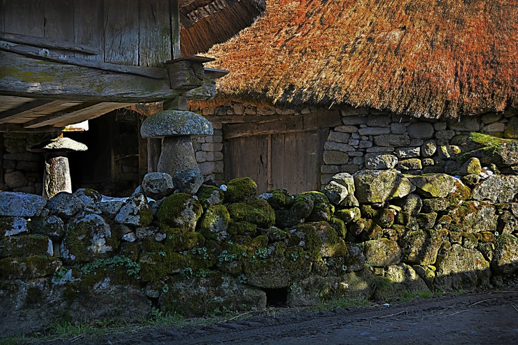 Hórreo y palloza en Piornedo, Donís, Cervantes, Ancares, Lugo, Galicia, España.