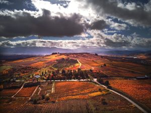 A vista de dron de la Peña del Castro (Castroventosas) rodeada viñedos en la estación otoñal, Pieros, Cacabelos, El Bierzo, León, Castilla y León, España.