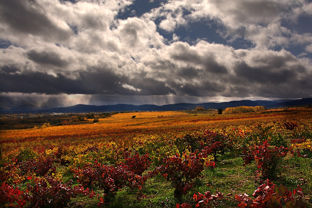 Aguaceros en el horizonte del Bajo Bierzo, El Bierzo, León, Castilla y León, España.