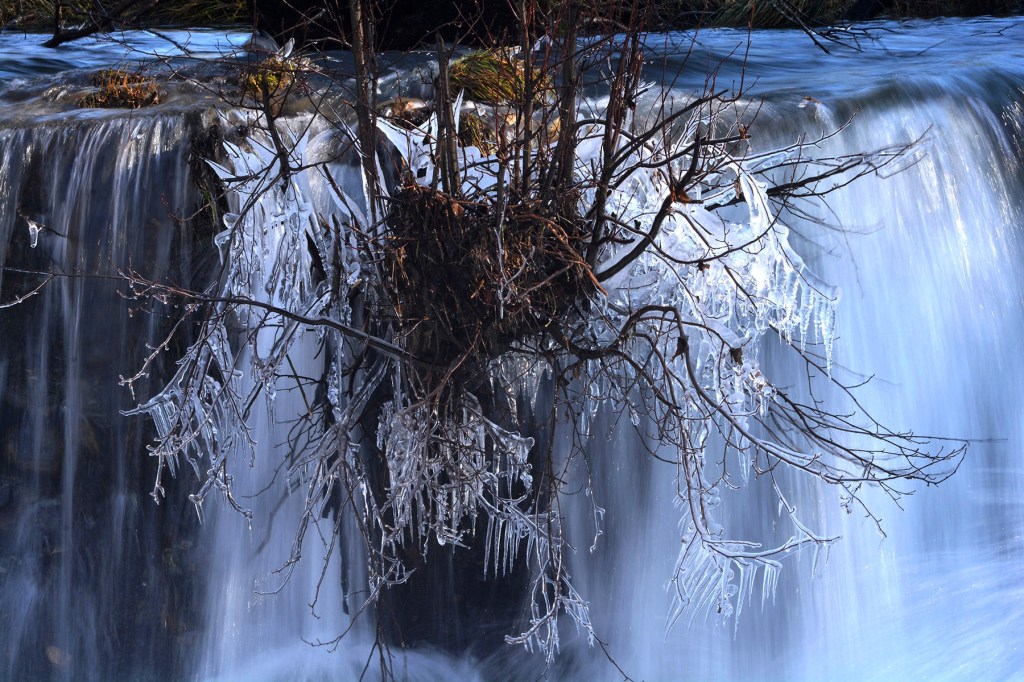 Carámbanos en uno de los saltos que tienen que dar las aguas del río Ancares en las cercanías del paraje de Los Puliñeiros, Villabuena, Cacabelos, El Bierzo, León, Castilla y León, España.
