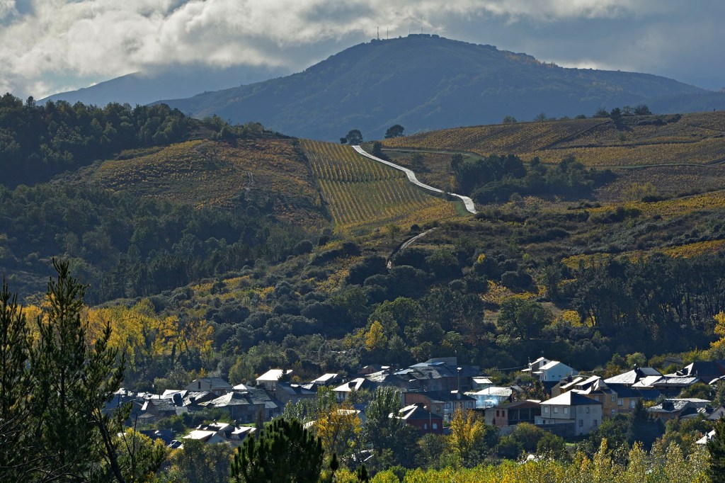 San Clemente con la carretera, o bien a Pobladura de Somoza o a Pieros, Cacabelos, El Bierzo, León, Castilla y León, España.