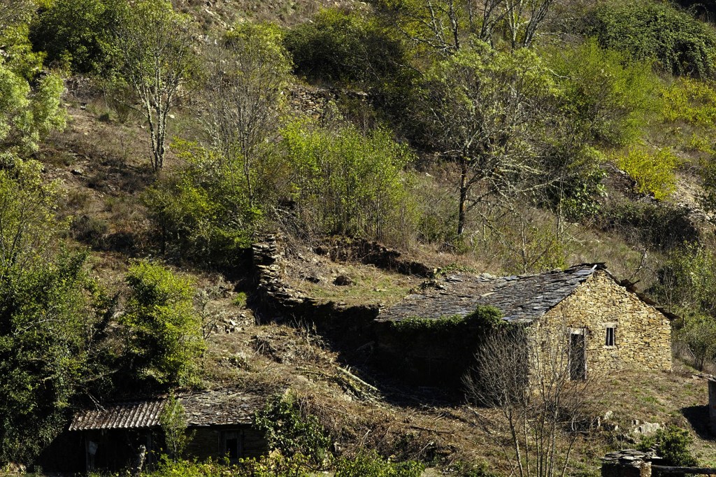 Casa berciana con su parte trasera pegada a la ladera de una montaña en Cabeza de Campo, Sobrado, El Bierzo, León, Castilla y León, España.
