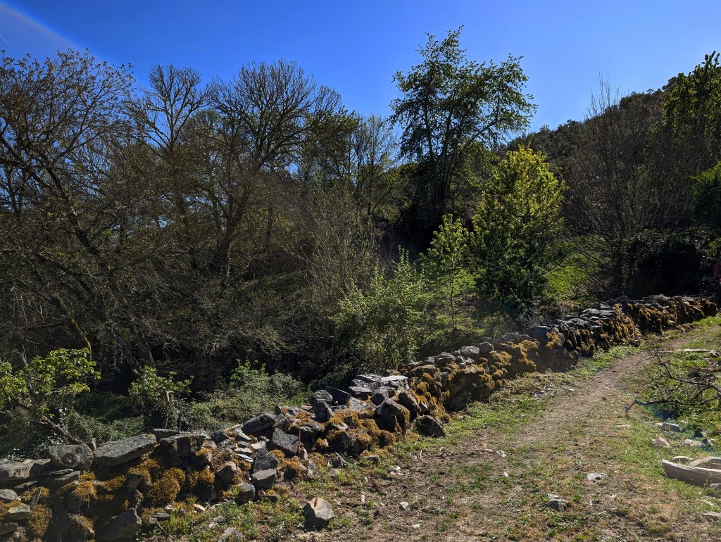 Camino amurallado con piedras del pasdo siglo XX en La Bustarga, Vega de Espinareda, El Bierzo, León, España.