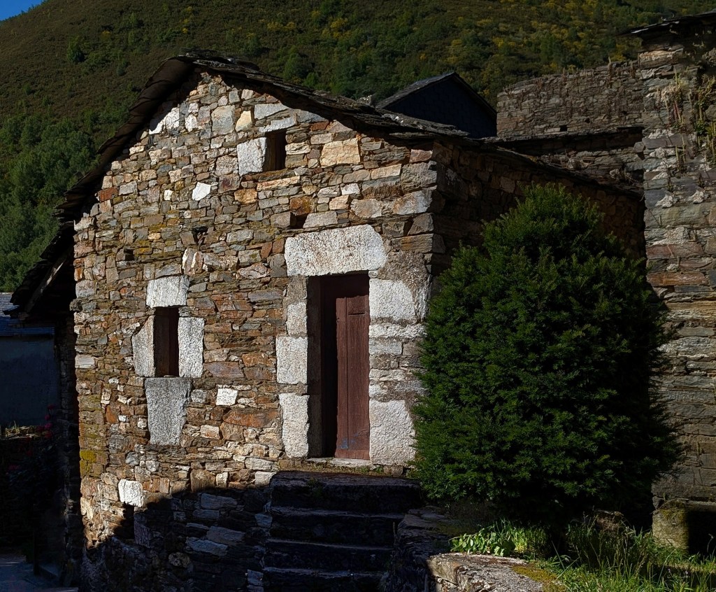 Plena de armonía que exhibe una casa junto a un tejo en el poblado de Busmayor, Barjas, El Bierzo, León, Castilla y León, España.